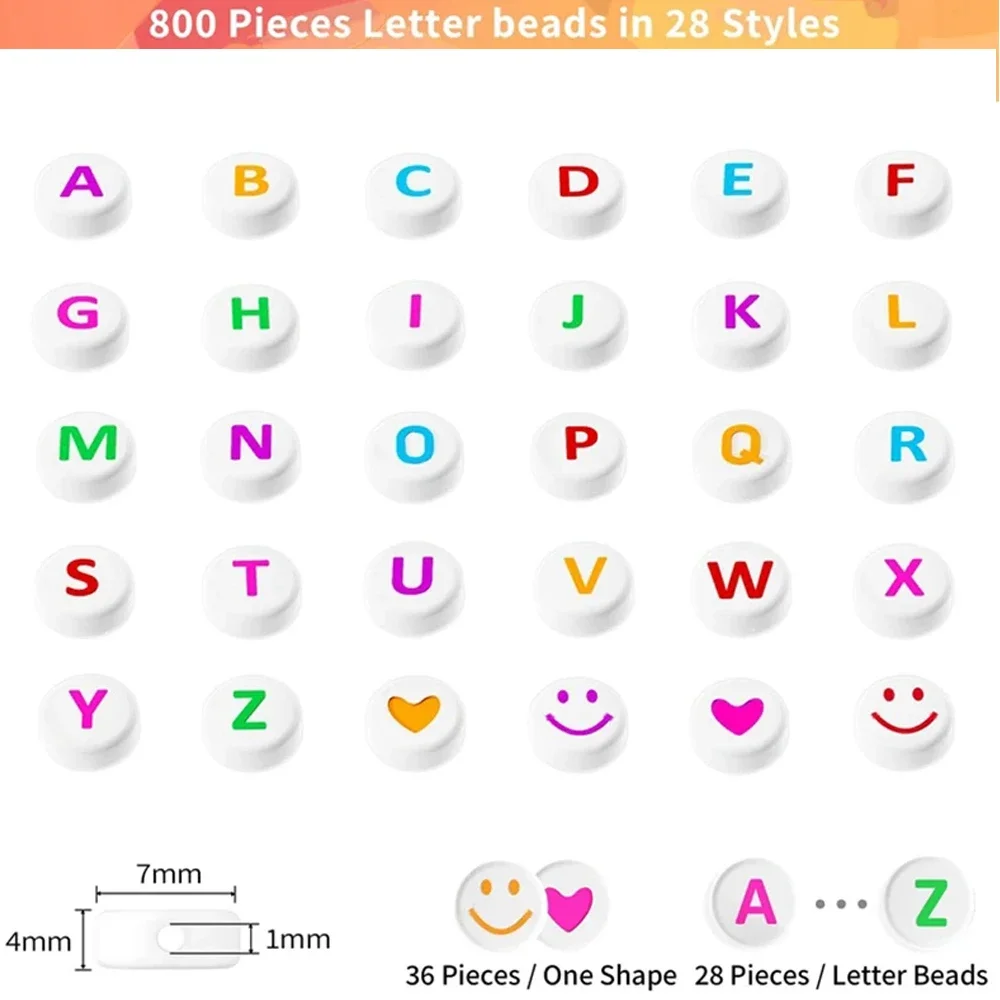 Letter Beads 800 Pieces 28 Patterns 8 Colors Alphabet Colorful Face Heart Beads