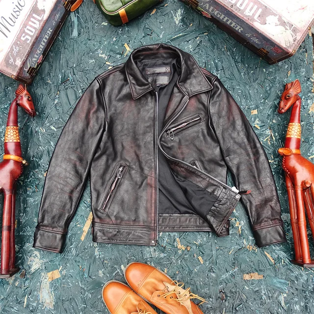 Genuine Leather Jacket for Men Horsehide Slim Green Brown 