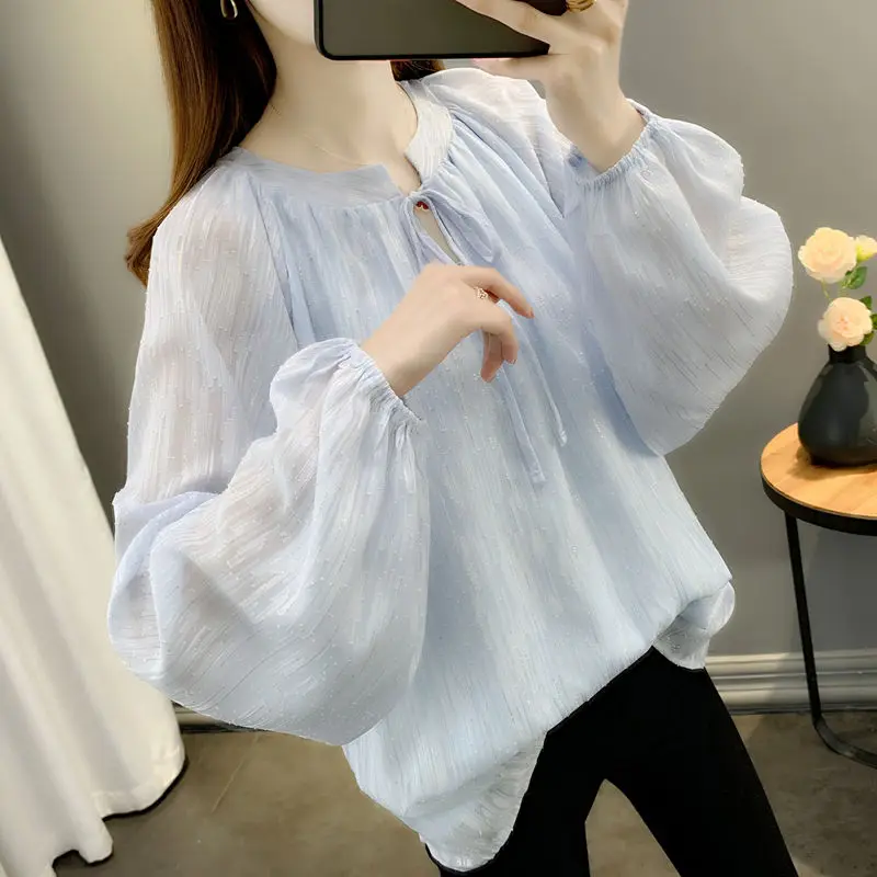 Stylish Solid Color O-Neck All-match Lace Up Chiffon Blouse Women's Clothing 2022 Autumn New Casual Pullovers Loose Sweet Shirt