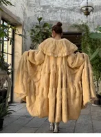Manteau Long en fourrure d'angora pour femme, jupe de Style coréen, ourlet, manches lanternes, col de poupée lapin, vêtements d'extérieur, automne et hiver 6
