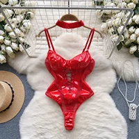 Foamlina Women's PU Leather Patchwork Mesh Bodysuit Sexy Hollow Out Slim Fit Lace Up Bandage Club Party Body Suit Woman Clothes - Image 2