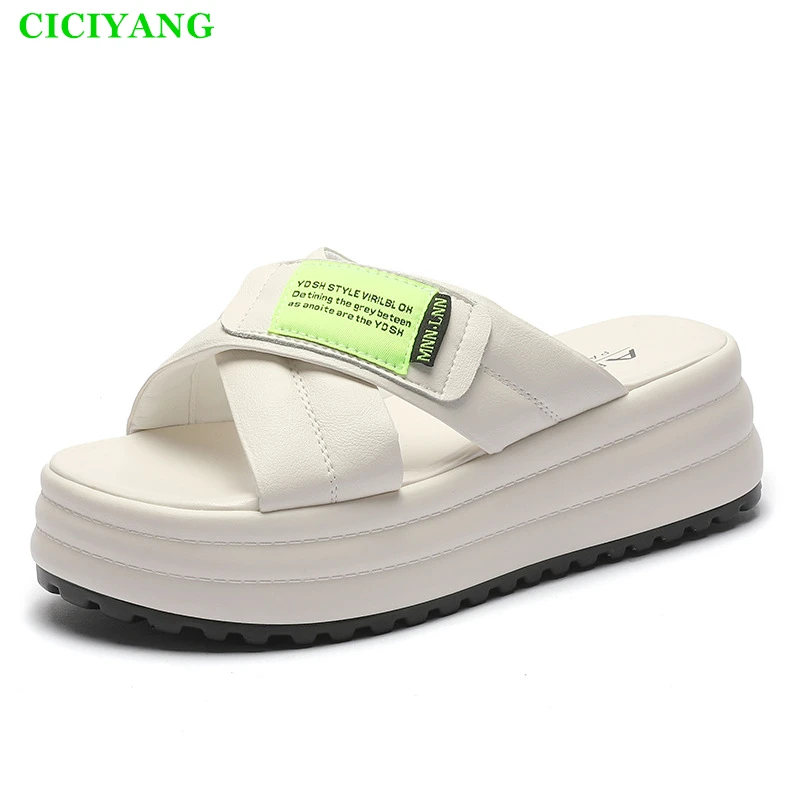 

CICIYAGN Summer Slippers For Women Genuine Leather 2024 New Ladies Outdoor Slides Chunky Platform Non-slip Casual Female Sandals