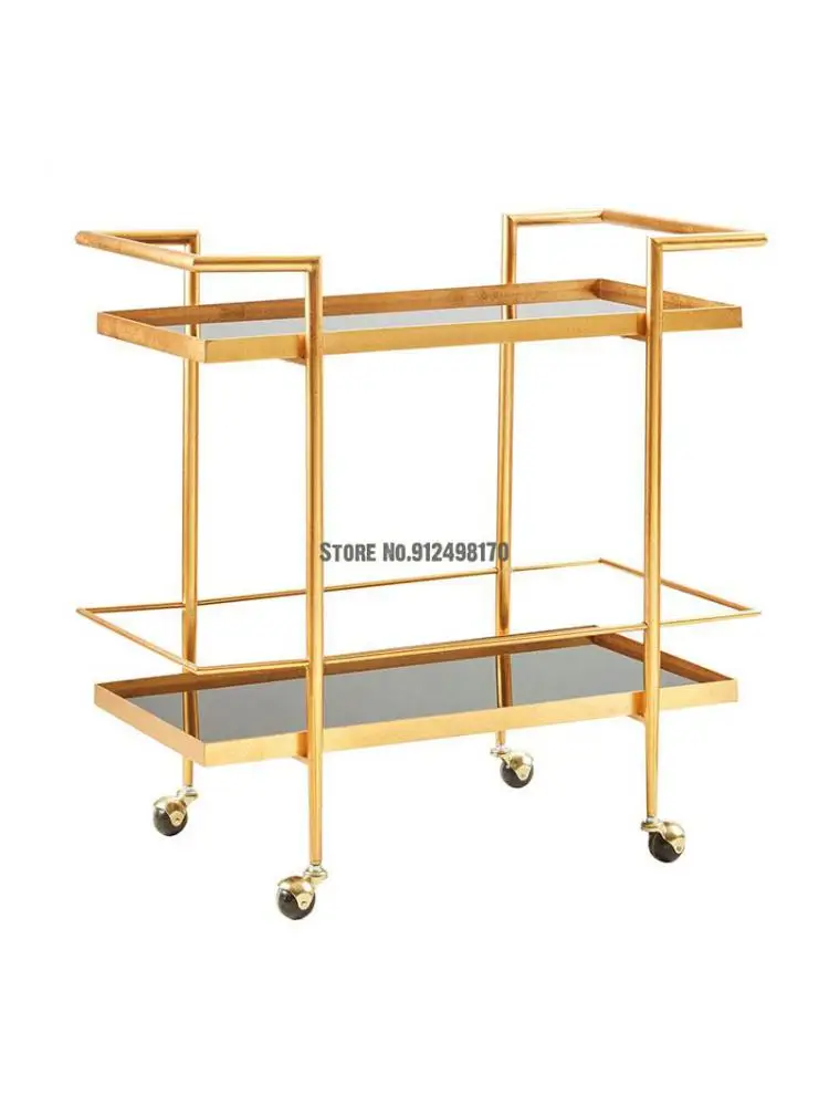 Nordic golden wrought iron dining car two-layer red wine and beverage racks metal storage hot pot shop mobile cart