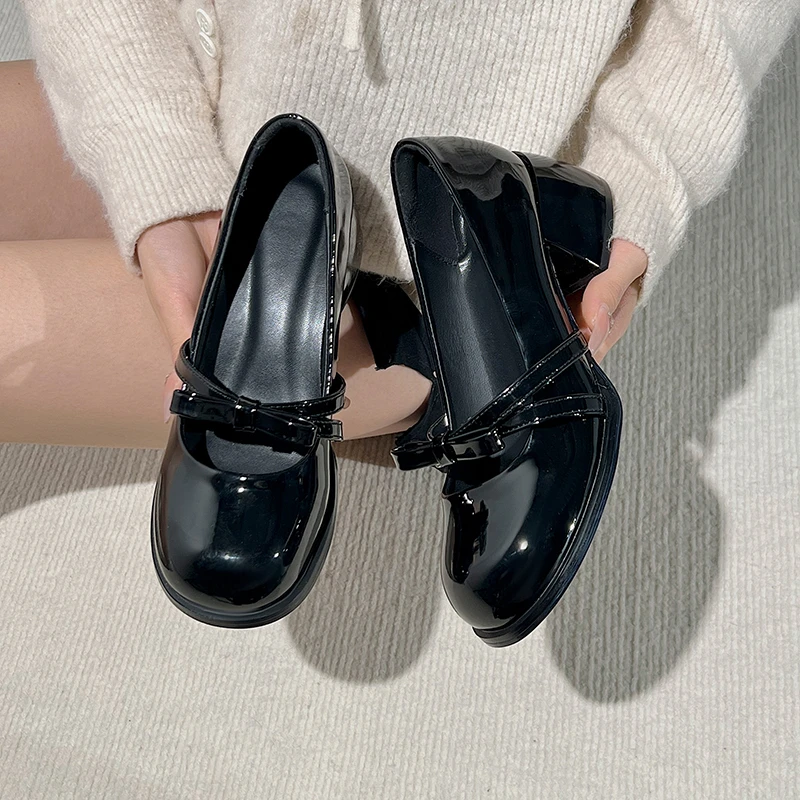 Туфли-лодочки Aphixta женские, лакированная кожа, квадратный каблук 5 см, обувь для студентов, черные классические, Туфли Мэри Джейн