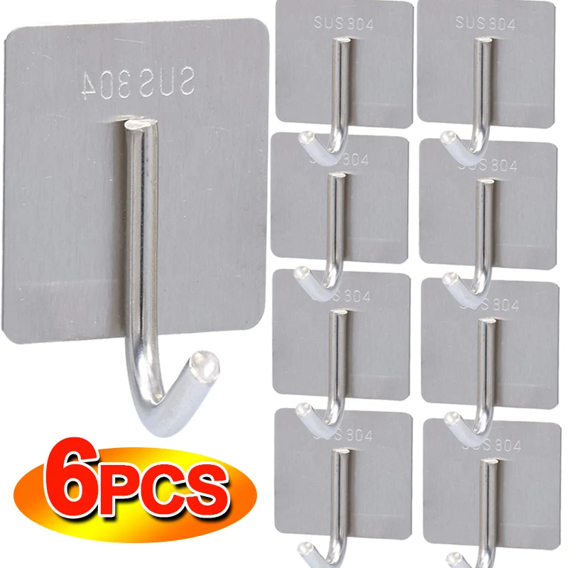 

1/6Pcs Self-Adhesive Stainless Steel Hook No Punching Kitchen Bathroom Wall Hooks Multifunctional Waterproof Storage Rack Holder