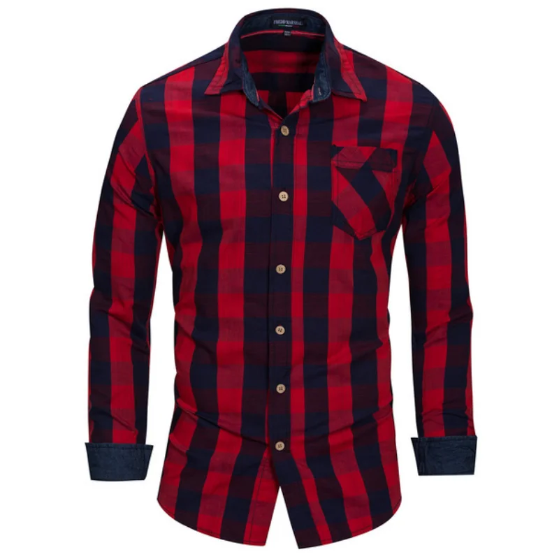 

Spring Casual Shirts for Men Brand High Quality Clothing Men's 100% Cotton Plaid Long Sleeve Shirt Single Patch Pocket MY477