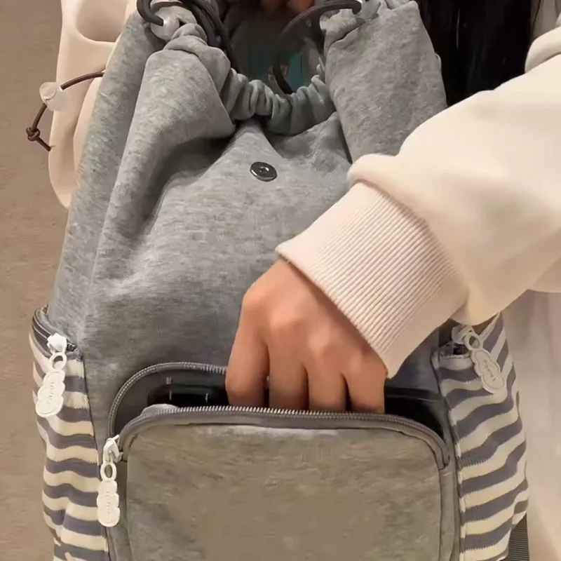 Striped Korean Style Gray Backpacks Rabbit Ears Design Casual Bags Large Capacity Student Tote Bags Versatile Backpack For Women 6