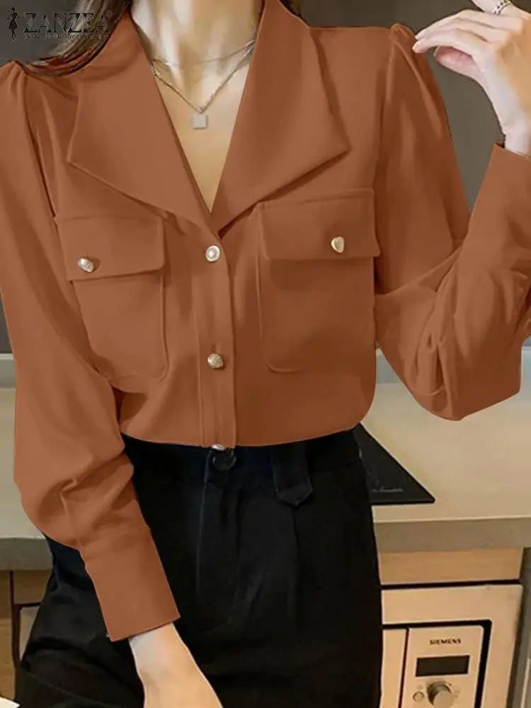 

Элегантная офисная блузка ZANZEA, модная женская рубашка для работы, повседневные топы с буффами и длинным рукавом, осенняя туника с воротником с отворотом и карманами, 2023