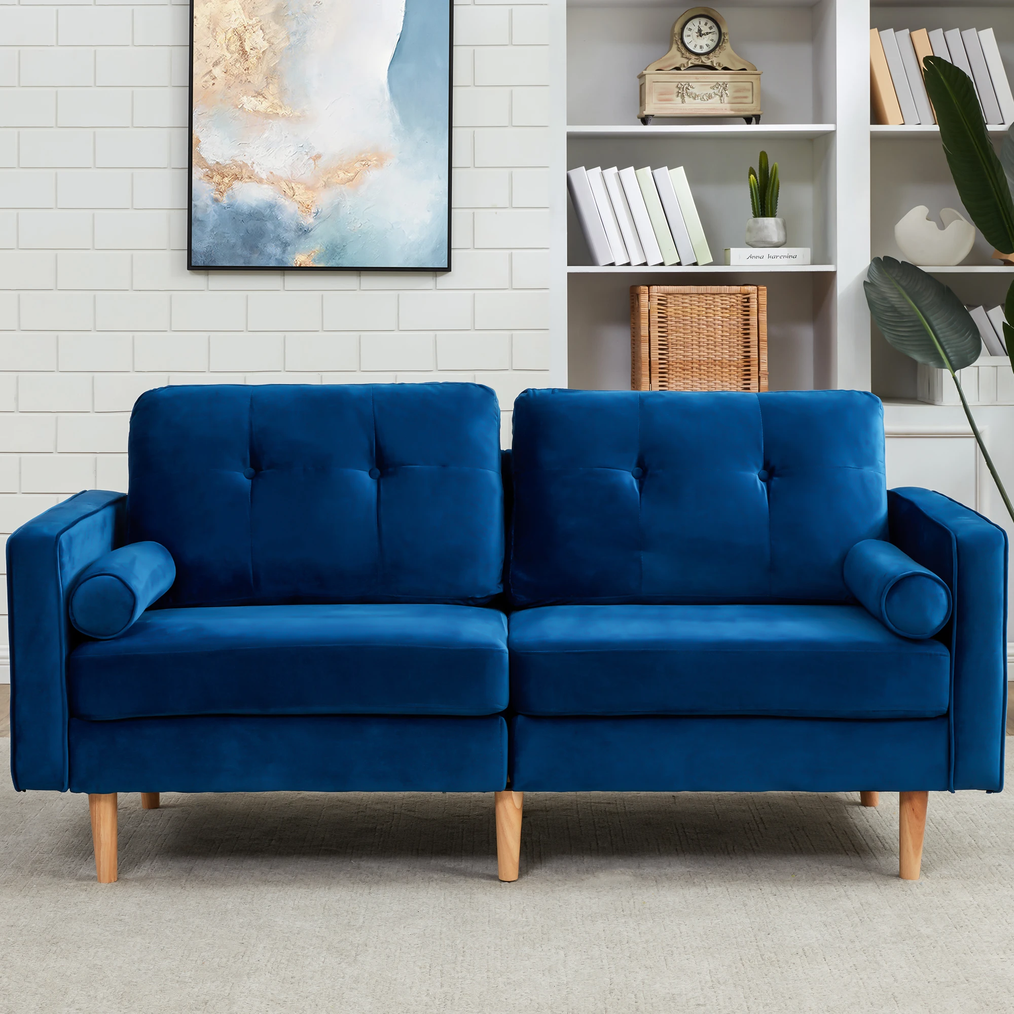 2 Seater Velvet Sofa, 2 Seater Sofa Set, Wooden Feet, Upholstered Sofa In A Stylish And Elegant Dark Blue Noble Button Stit - Living Room Sofas -