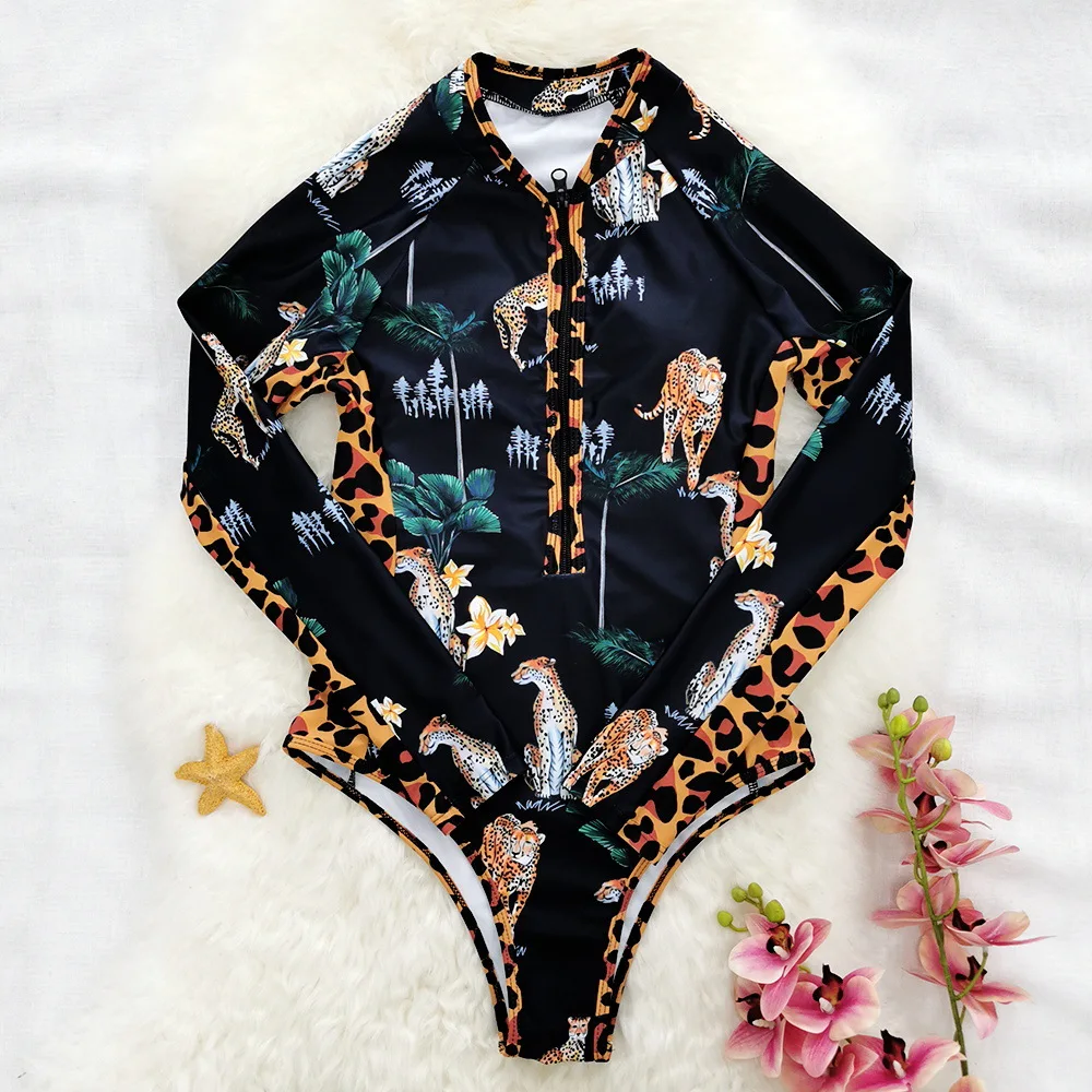Long-sleeved Zipper Leopard Stitching One-piece Swimsuit Printed Surfing Suit 2023 New Wind Swimwear and Trousers Set Beachwear