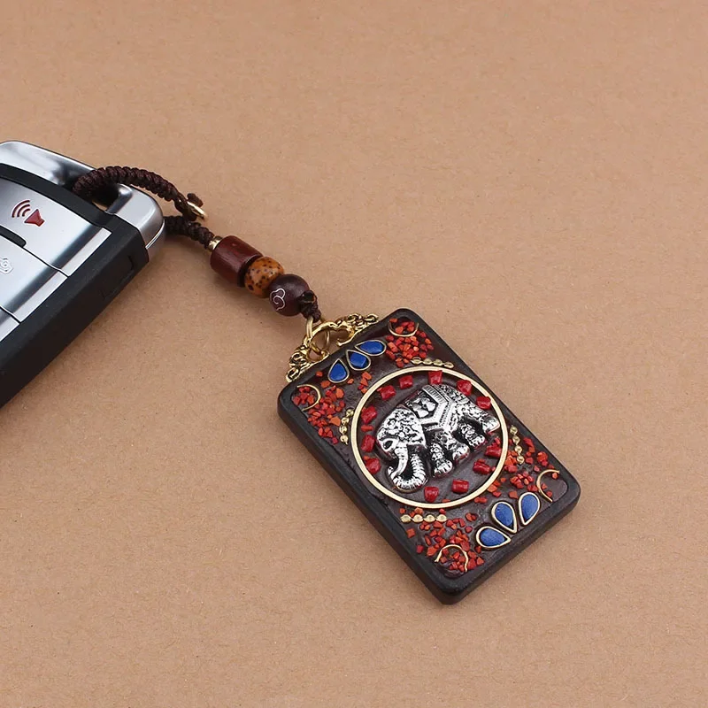 

Lucky Handmade Elephant God Black Sandalwood Thangka Car Noose Keychain Pendant Ensure Safety Imitation Pinestone Exotic Style