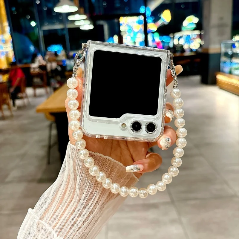 Transparent TPU Foldable Phone Case with Pearl Bracelet and Side Buckle