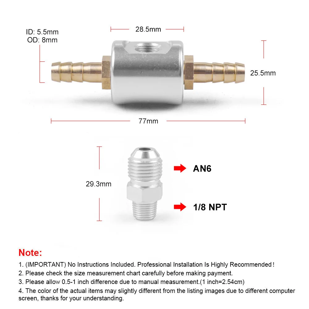 Universal 1/8 NPT Fuel Pressure Gauge Liquid Filled Polished Case and Adaptor Kit Psi＆Bar＆kg/cm&sup2; For Fuel Injection Systems Automotive Gauge