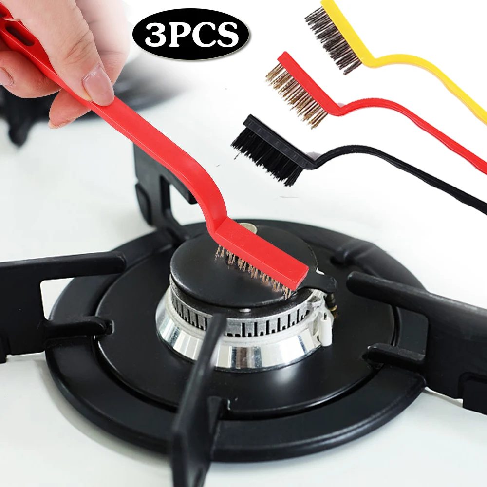 3PcsGasStoveCleaningBrushesKitchenRangeHoodBrushCopperWireStainlessSteelNylonWire