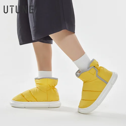 UTUNE 겨울 따뜻한 부츠 다운 하이 탑 플러시 모피 코튼 홈 신발, 실내 야외 미끄럼 방지 부드러운 밑창, 남녀 커플 신발 5