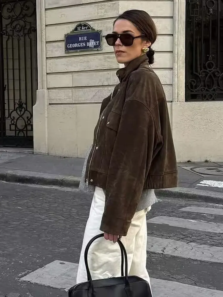 HH Women Fashion Suede Coat Vintage Solid Turtleneck Long Sleeve Zipper Bomber Jacket With Pockets Fashion High Street Outwear