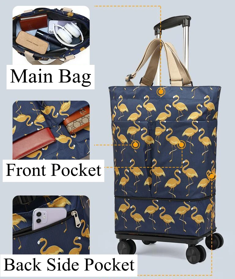Borsa Della Spesa Su Ruote Pieghevole – Grande Capacità, 4 Ruote (2 Universali), Multi-tasche, Portata 39,9 Kg – Con Maniglia