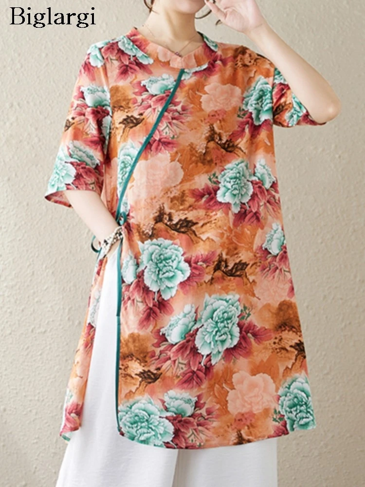 

Женский комплект из 2 предметов, блузка-миди из хлопка и льна с цветочным принтом, Свободные плиссированные брюки с широкими штанинами, большие размеры, на лето