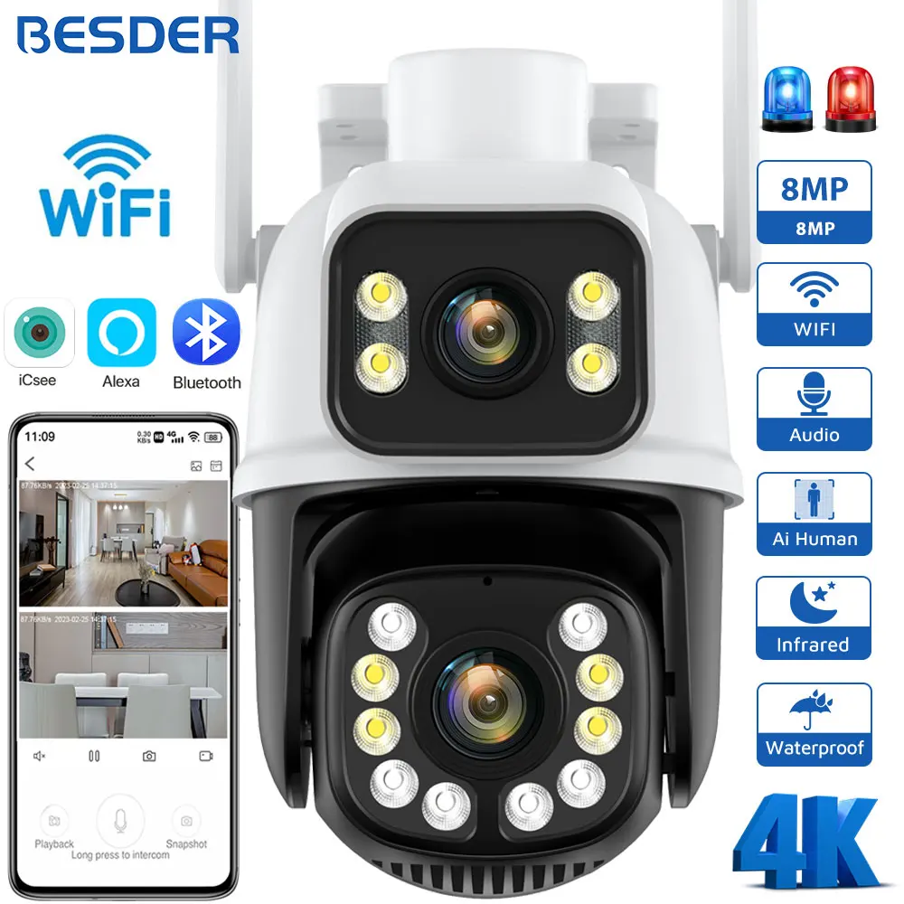 BESDER 8MP IP Camera PTZ Auto Tracking Night Vision Outdoor Security Protection Wifi CCTV Surveillance Camera Dual Screens iCSee