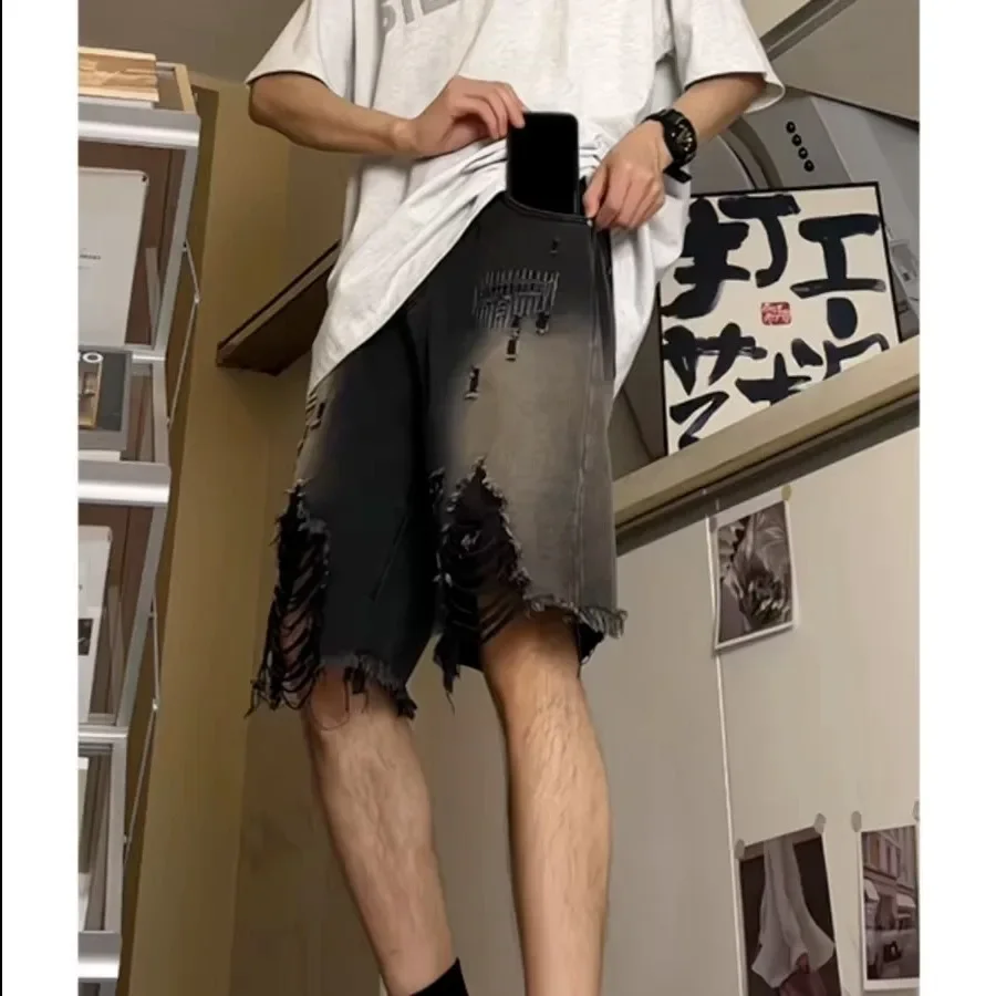 Loose Fit Men's Denim Shorts Summer Thin Style Frayed Hem Trendy Brand Five-Point American High Street Retro Horse Pants