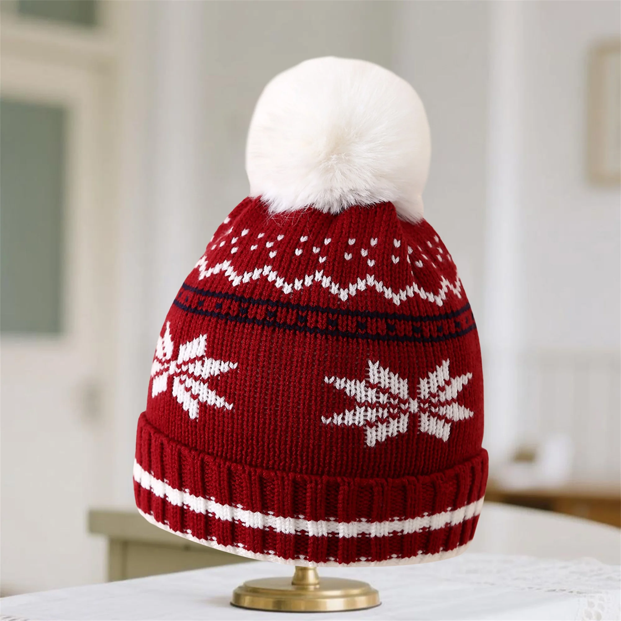 Winter Knit Hat for Children Festive Snowflake Pattern Beanie with Faux Fur Pom Pom Cozy Windproof Cap