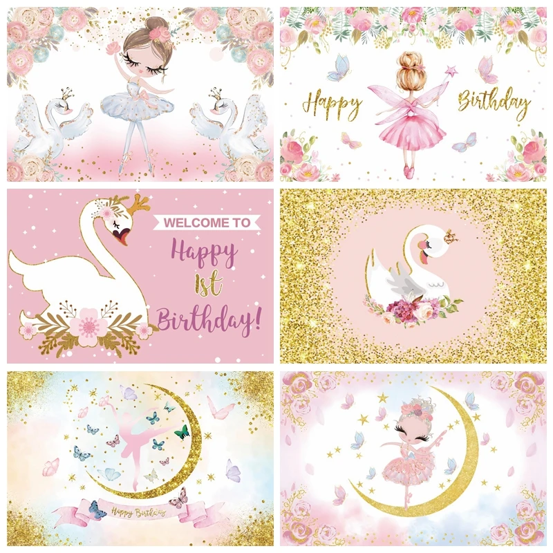 Fondale Fotografico Pink Swan Princess Crown Photocall Baby Girl Birthday Glitters Sfondi Fotografici Puntelli Per Studio Fotografico