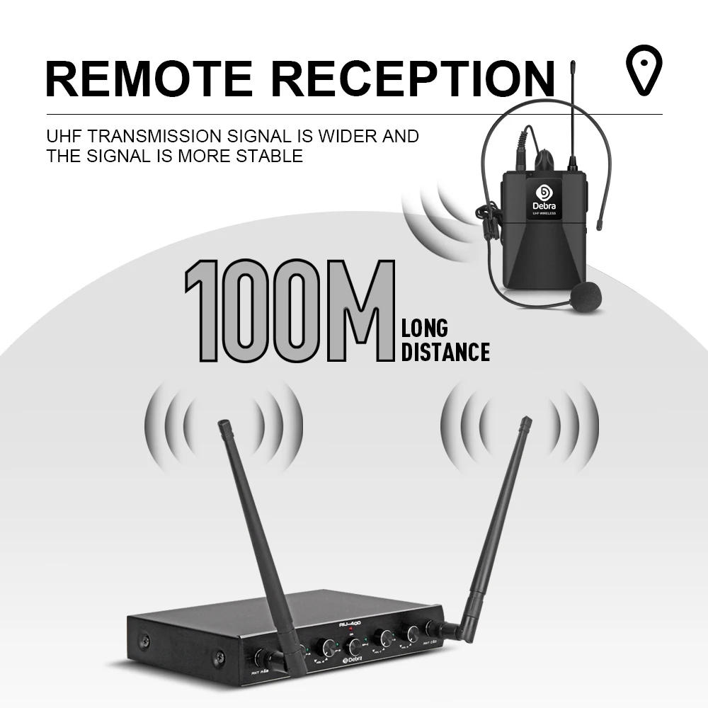 Debra Audio Pro UHF 4 Channels Wireless Microphone System with 4 Bodypack Lavalier Headset Portable Mic for Karaoke Church Party