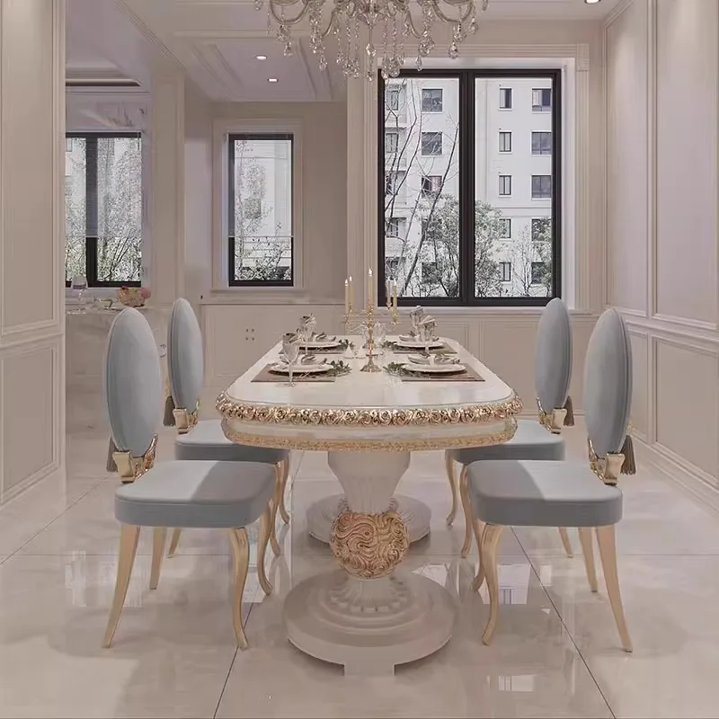 French light luxury court style dining table and chair combination solid wood carving flower oval high-end villa European luxury