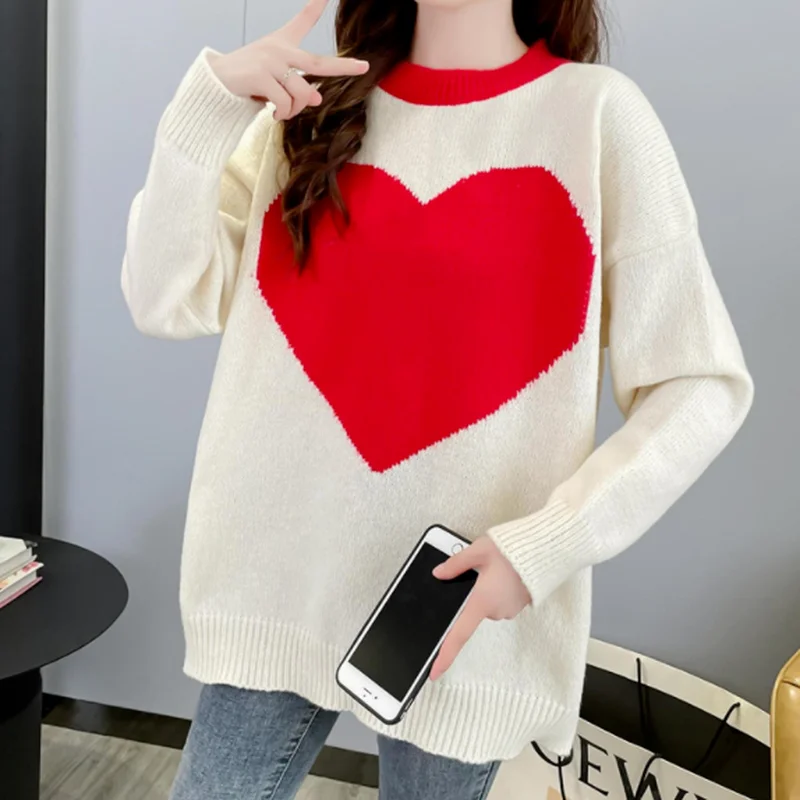 

Sweet Love Heart Loose Knitted Sweater Women Turtleneck Long Sleeve Casual Commute Pullovers Preppy Style Cute Girl Streetwear