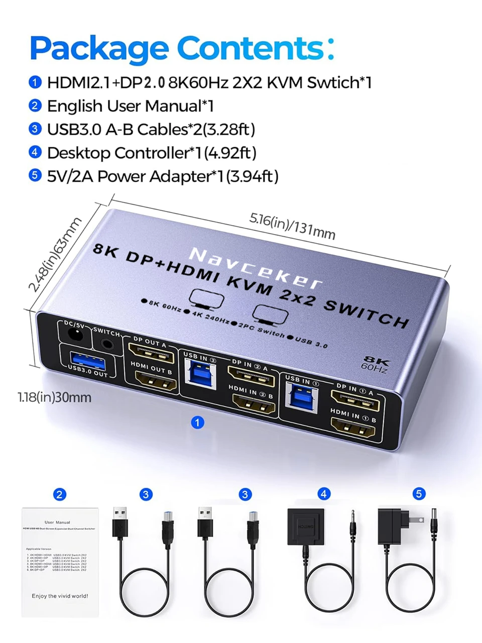 4K 240Hz 2x2 HDMI DP KVM Switch Dual Monitor Extended Display USB KVM Switcher 2