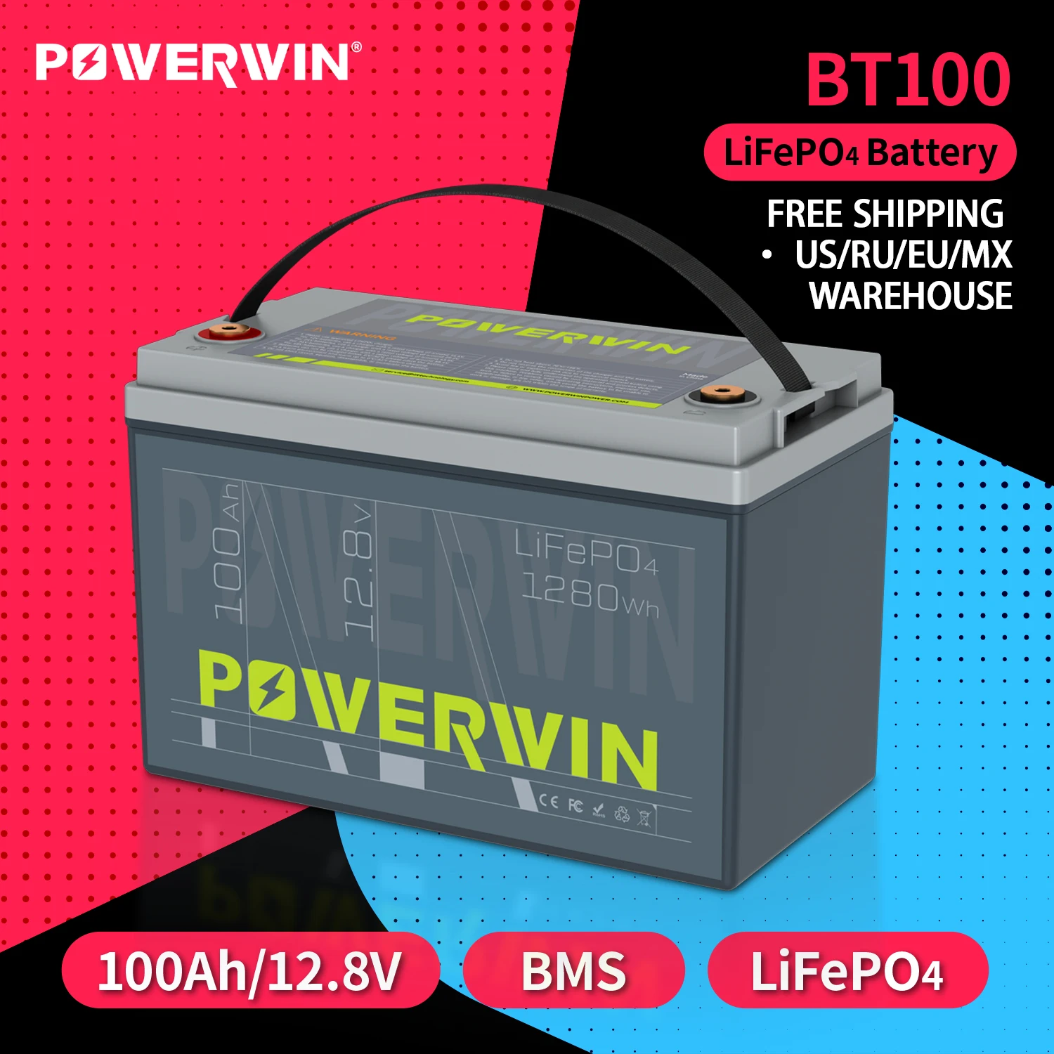 

POWERWIN BT100 100 Ач/1028 Втч 12 В RV LiFePO4 Аккумулятор Встроенный BMS Автономный автомобильный зарядный аккумулятор Хранение энергии Инвертор системы солнечной энергии