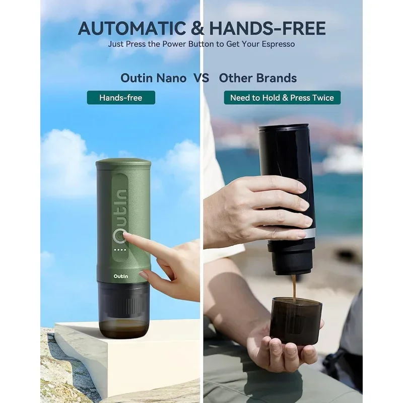 Qwoutin Nano portable electric espresso machine, self-heating, car charger, 20 bar mini coffee maker, with ground coffee; NS cap 6
