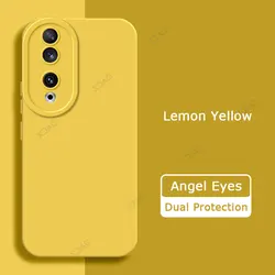 Luxury Angel Eyes Square Liquid Silicone Case - Fashionable 360° Soft Mobile Phone Cover for Honor 90 5G (Lemon Yellow)