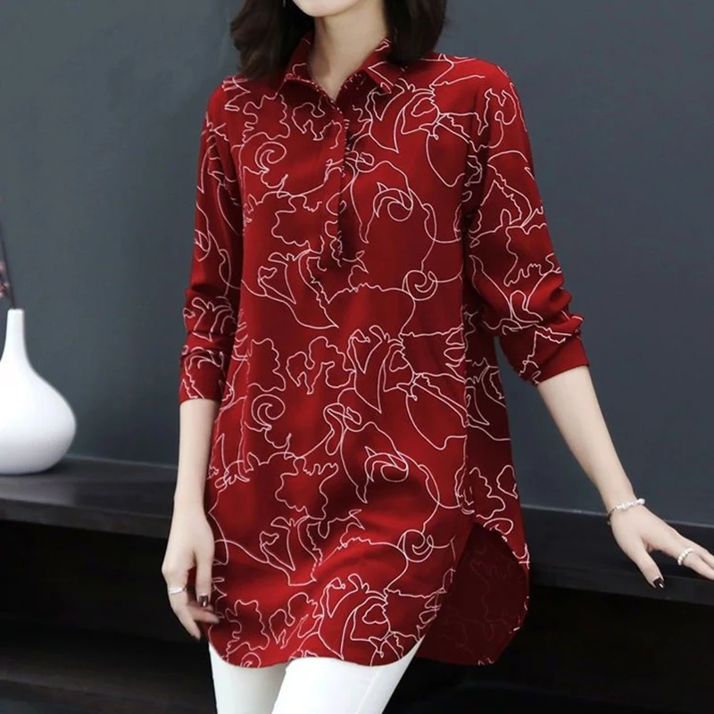 

Vintage Casual Printing Button Long Shirt Summer Autumn 2023 Polo-Neck Long Sleeve Loose Oversized Pullovers Tops Women Clothing