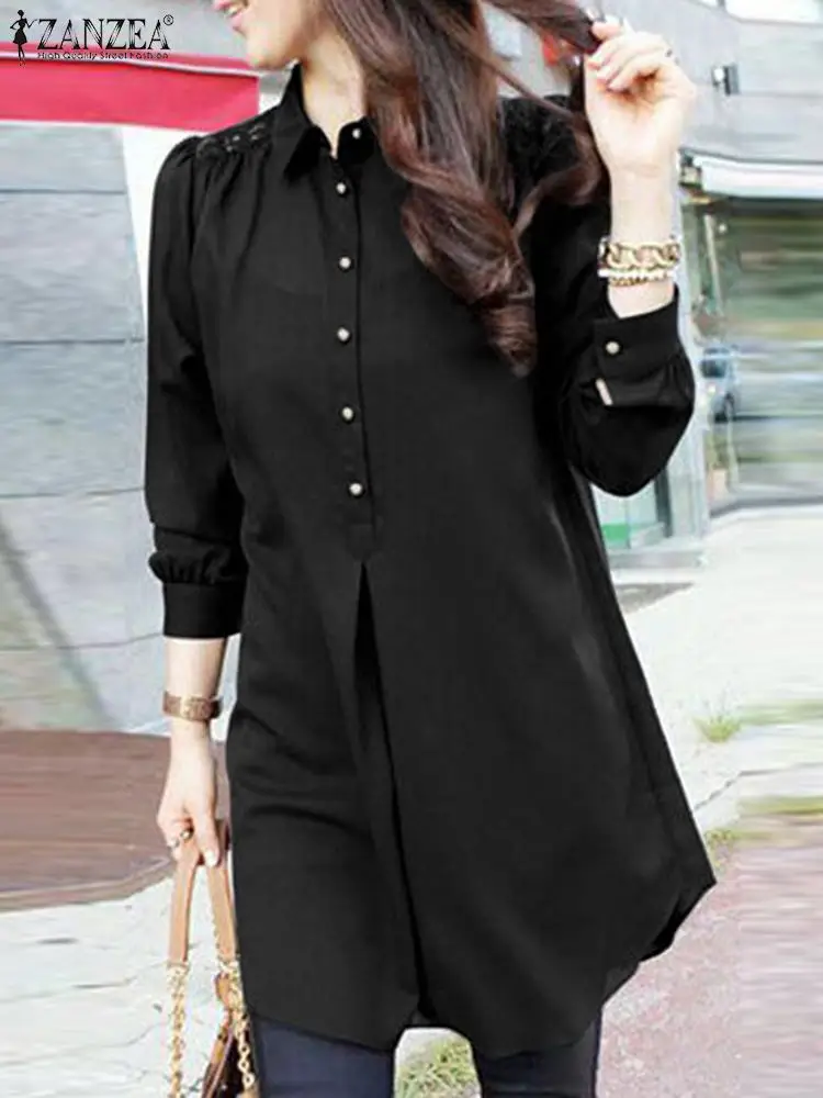 

Fashion Hollow Out Long Tops ZANZEA Elegant Lapel Neck Lace Crochet Shirt Women Autumn Blouse Casual Patchwork Blusas Chemise