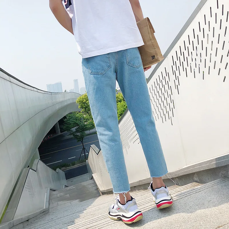 Summer 2022 Light-colored Frayed Ankle Length Jeans Men's Slim Feet Hong Kong Style Trendy Korean Boys Pants Students Leisure