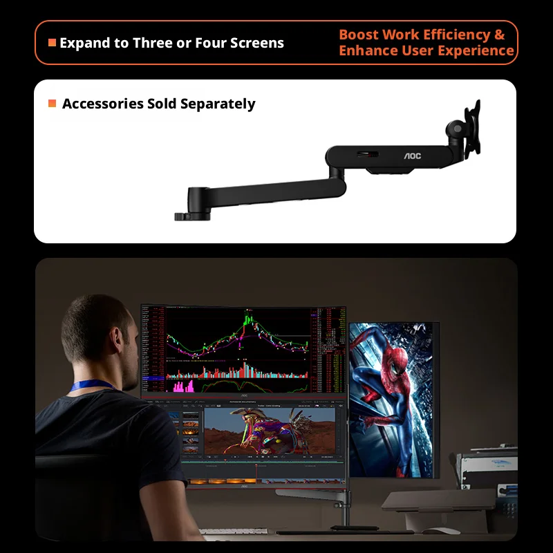 AOC AM700 싱글 모니터 암 브래킷 데스크 스탠드 클램프 마운트 높이 조절 가능 17-34인치 지원, 2-9kg 컴퓨터 브래킷