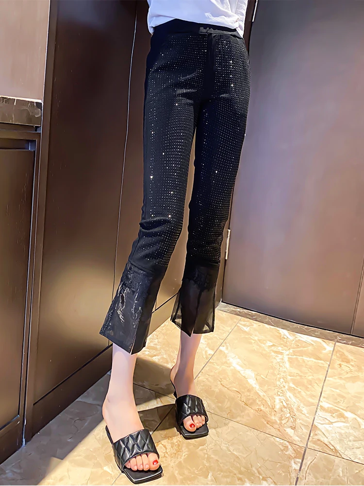 

European new women's summer thin black micro flared trousers fried street high-end bright diamond high-waisted Cropped Trousers