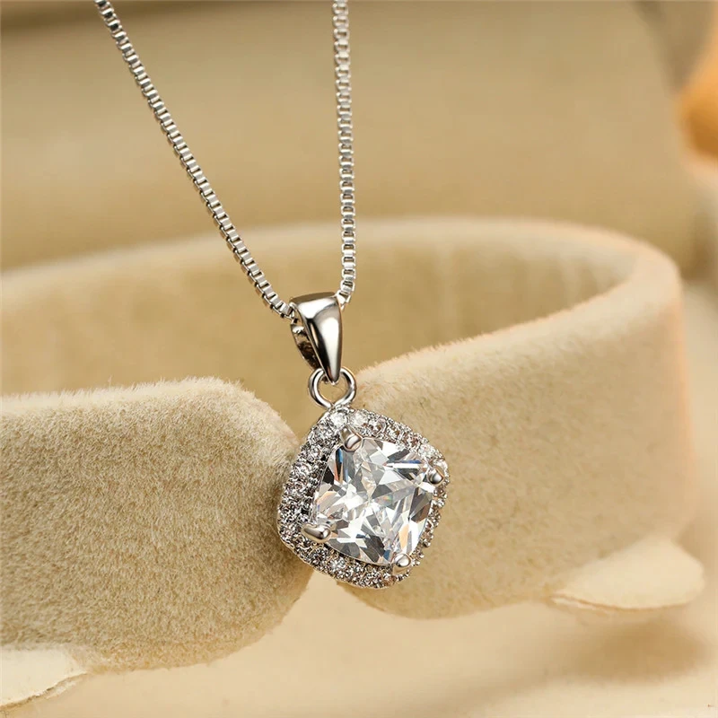 Cushion Cut Cubic Zirconia Silver Pendant Necklace-Giltoria