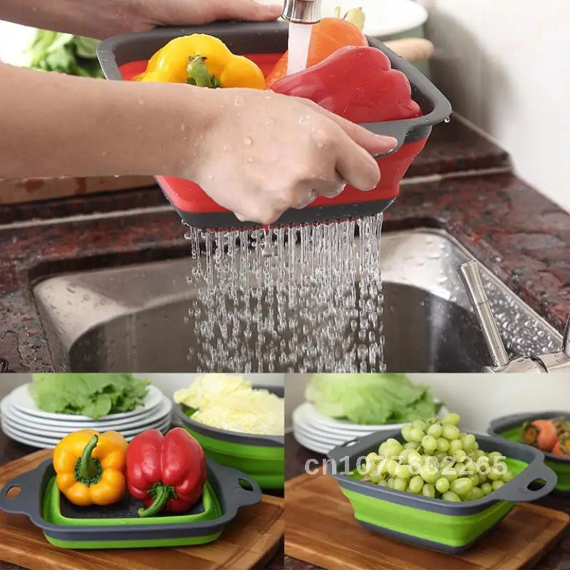 

Foldable Colander Vegetable Fruit Washing Basket Strainer Dish Drainer Silicon Collapsible Drainer Kitchen Storage Tool