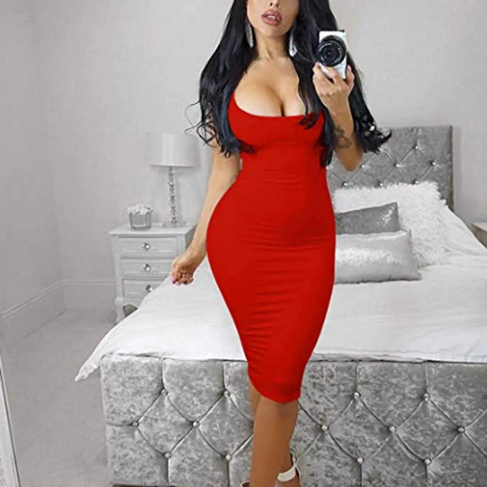 Women Fashion Casual Slim Fit Solid Color Hip Work Skirt Sleeveless Vest Dress 3
