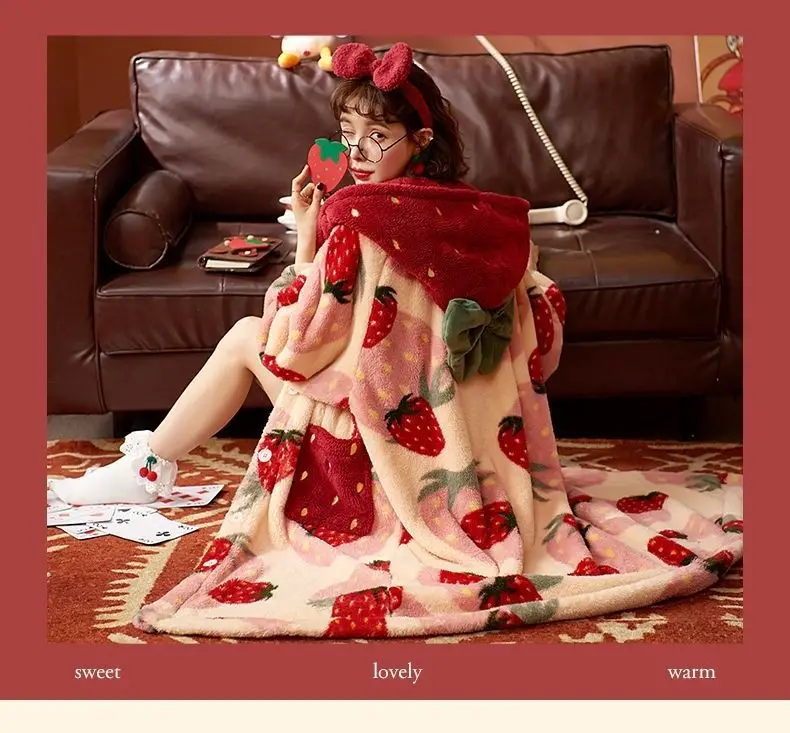 Winter Pajamas For Women Strawberry Cartoon Hooded Long Robe Jacket Cute Home Wear Sleepwear Kawaii Flannel Warm Comfy Bathrobe