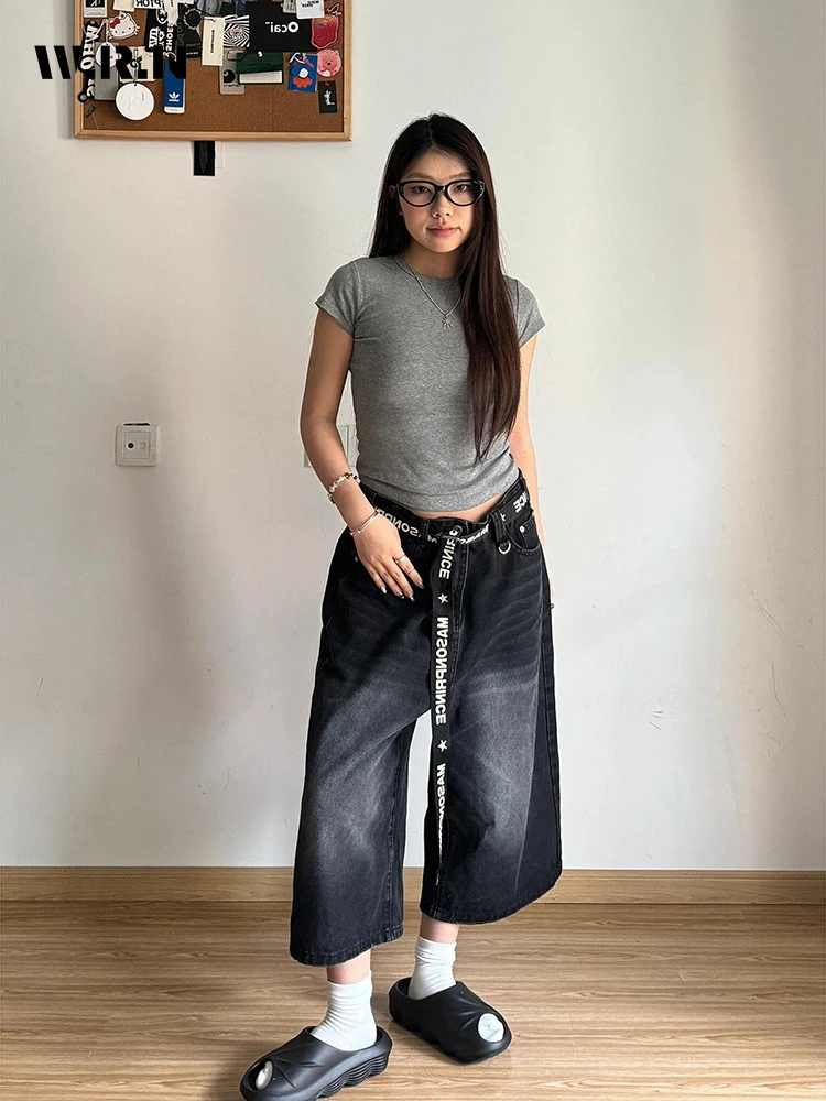 

2024 Summer Women's Casual Style Harajuku Mid Long Jeans Vintage Aesthetic Loose Washed Pants Y2K Wide Leg Punk Baggy Shorts