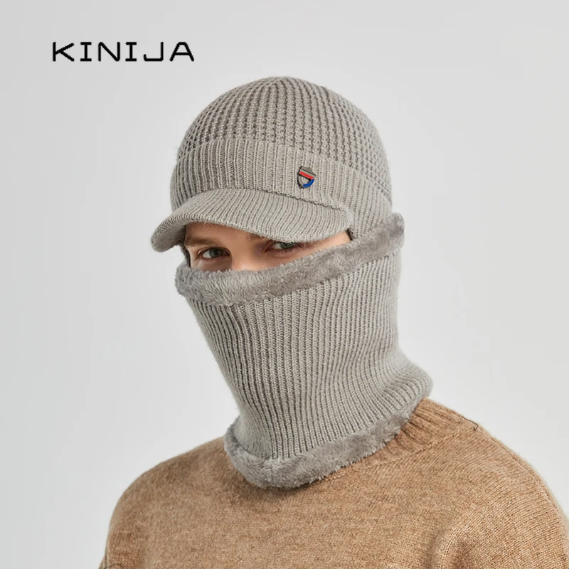 Winter men Skullies Beanie Hat fishing Warm Baseball Cap Windproof ear protection Cap Balaclava Gorras Bonnet Knitted Hat+scarf - 2