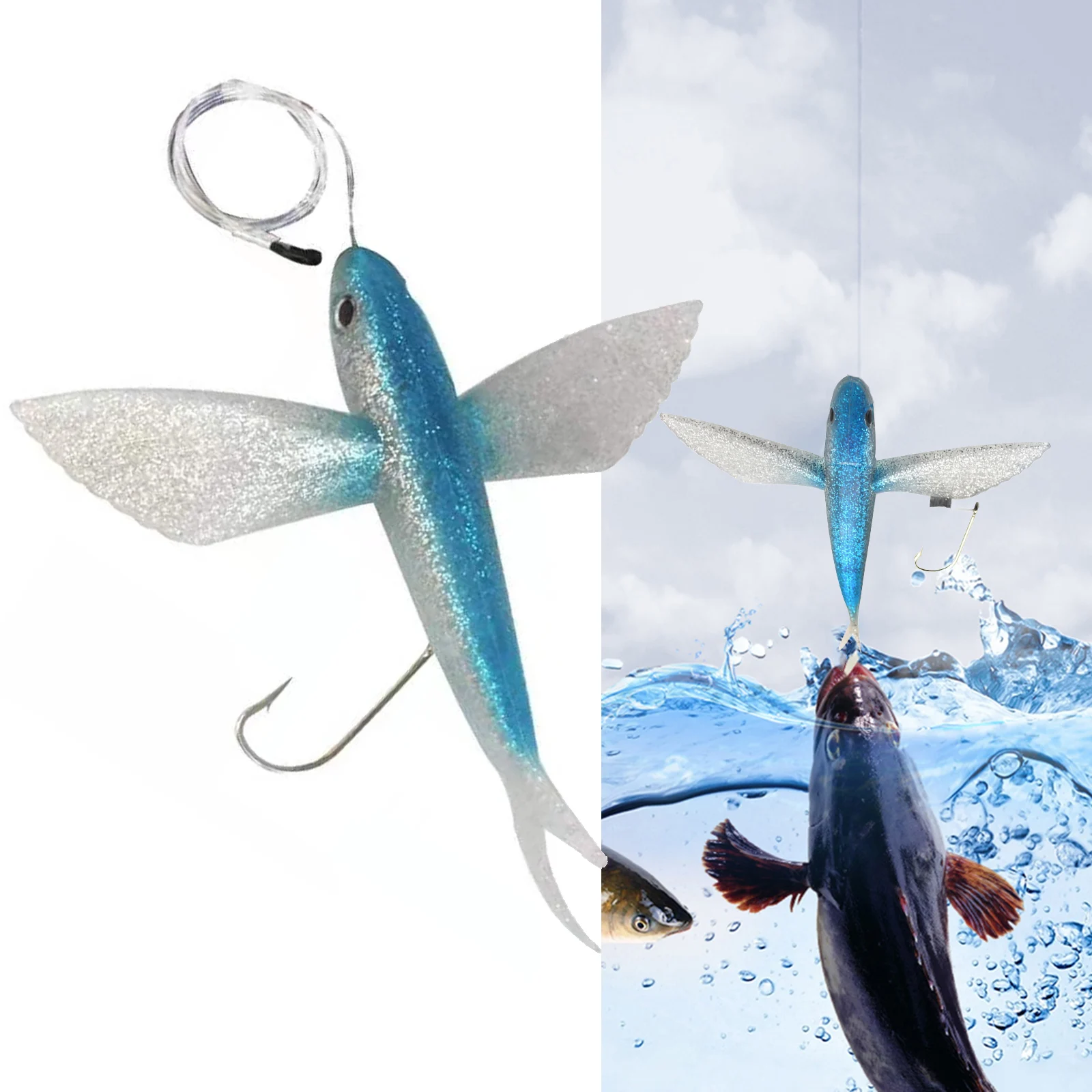 Flying Fish Fishing Trolling Lures Baits,Simulation Flying Fish Bright  Color Waterproof Portable Yummy Tuna Lures with Hook for Marine Tuna  Mackerel