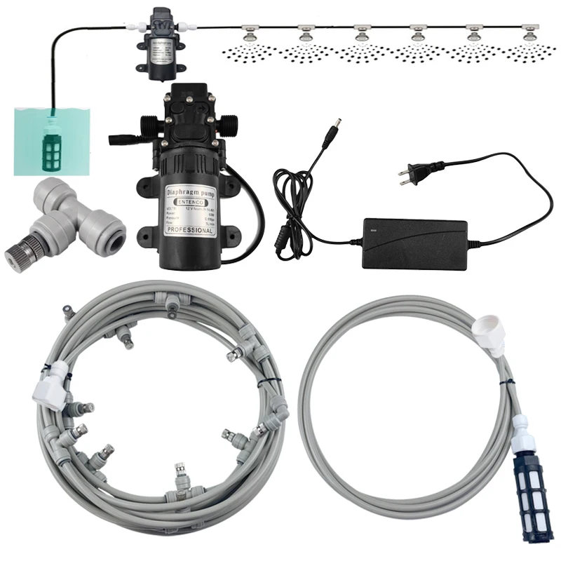 

6-18M Misting Kits 12V DC Pump Spray Dust Removal System Fog Nozzles Low Pressure Atomization Humidify Cooling Watering Grey