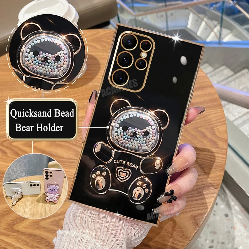 Cute Plating Quicksand Bear Holder Silicone Stand Case