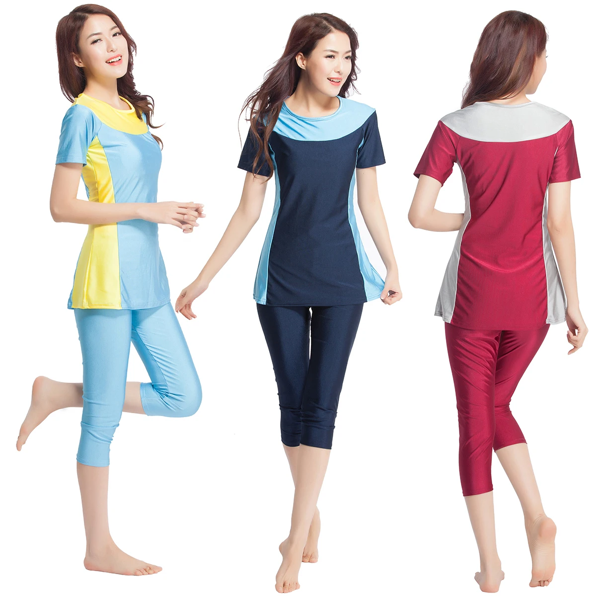 Muslim Swimwear Women Short Sleeve+leggings 2pcs Islamic Swimsuit Quick-dry Sports Bathing Girls Tankini Burkini Femme Musulman
