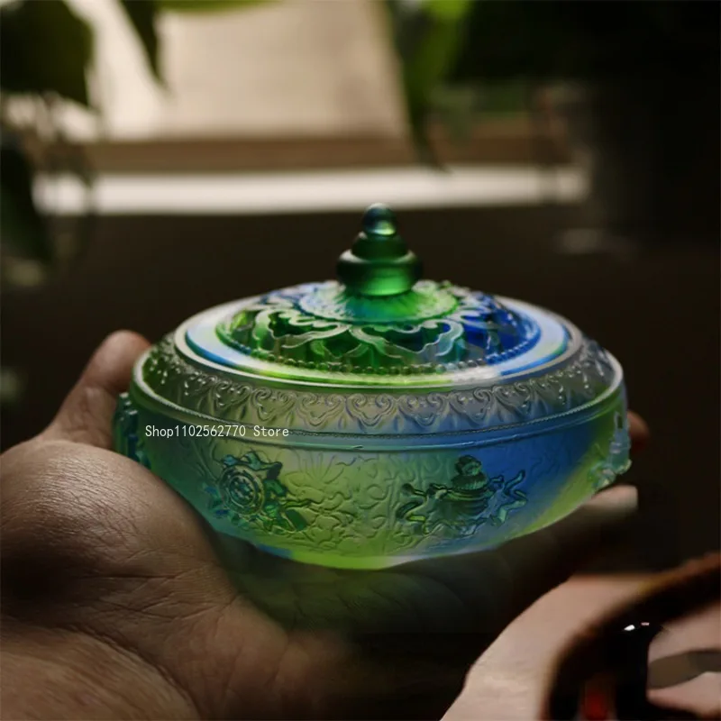 Ancient Glass Incense Burner Eight Auspicious Carving
