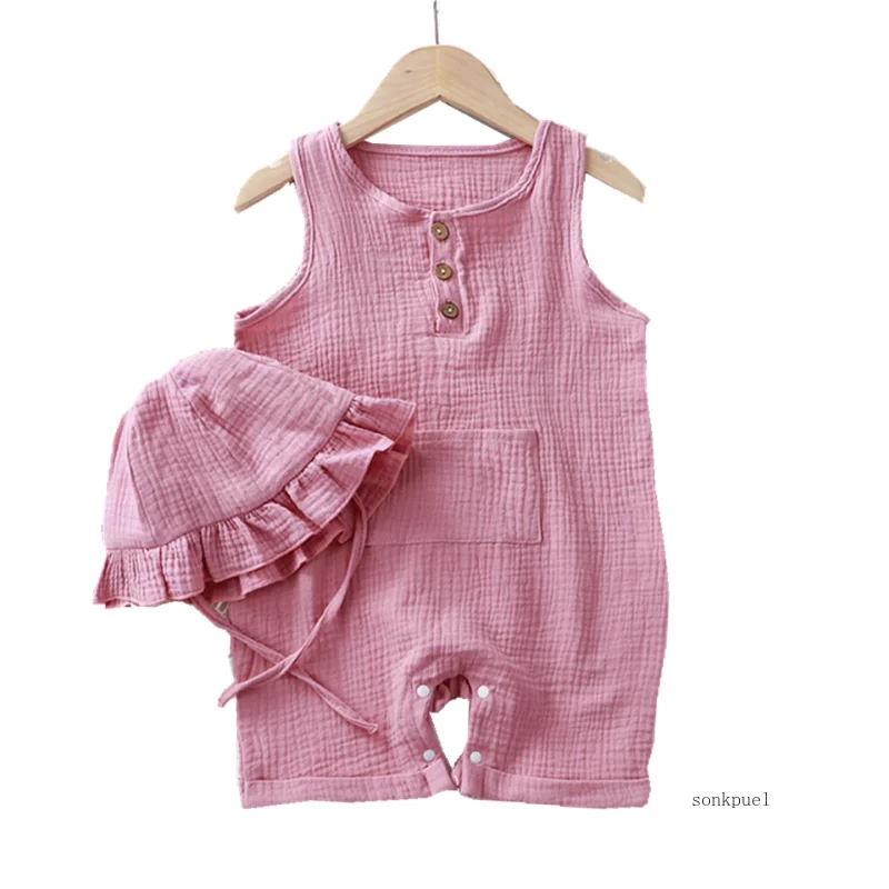 2Pcs/Set Baby Summer Clothing Solid Newborn Infant Romper With Hat Muslin Cotton Sleeveless Baby Boys Girls Jumpsuit Outfits 5